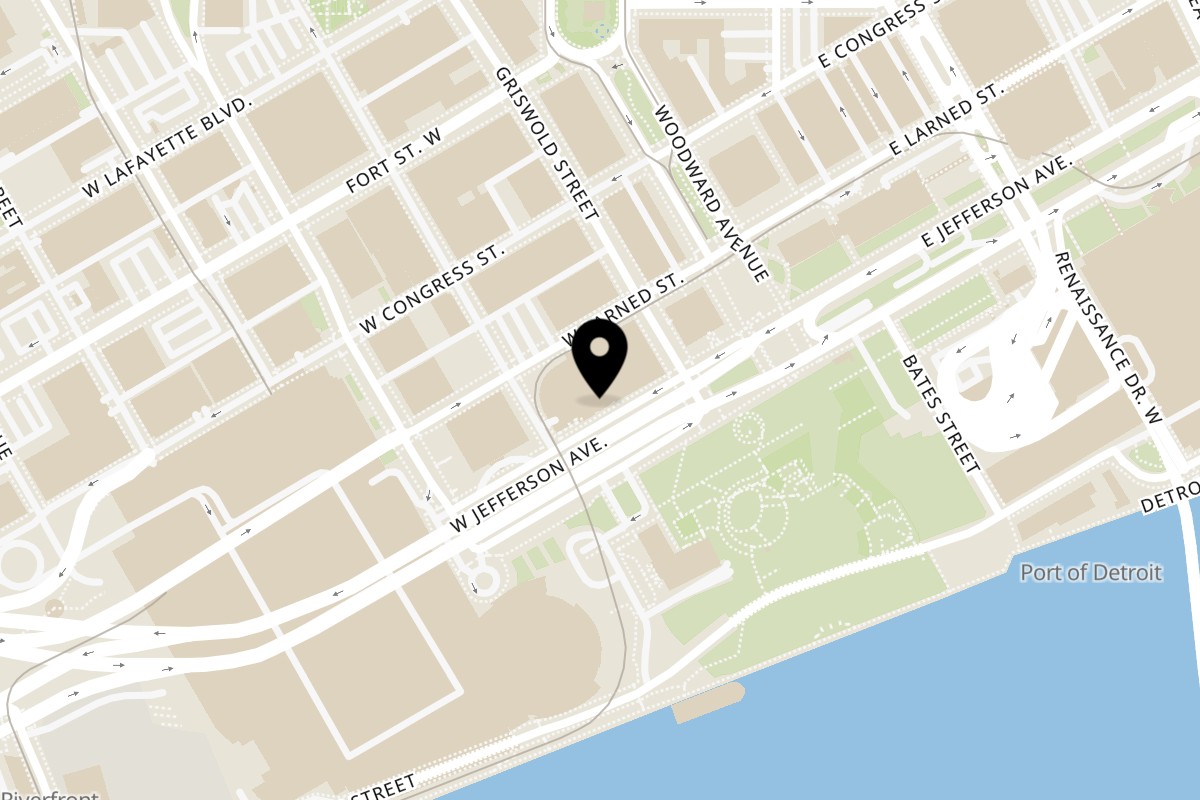 Map showing the location of Sugah Please Breakfast Brunch Bar on 150 W Jefferson Ave Suite 125 in Detroit